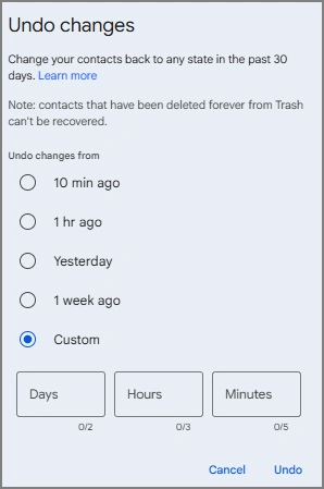 Contacts Recovery using the Undo Changes Feature