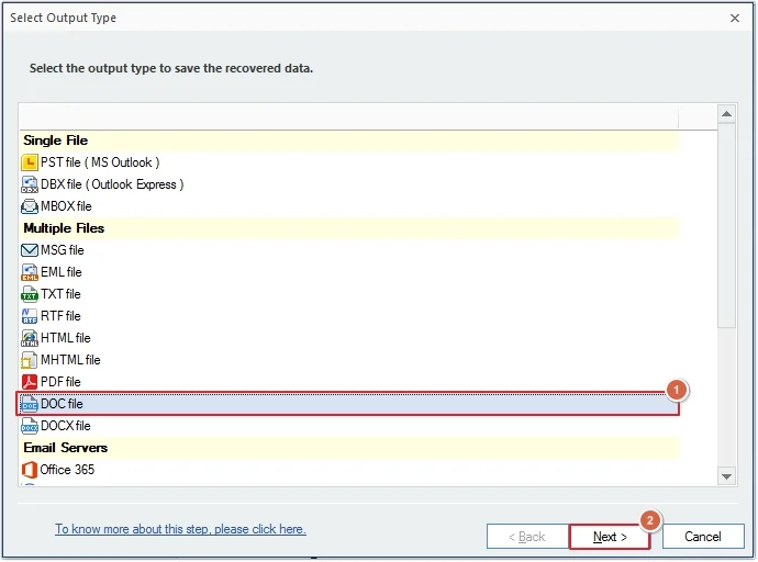 select DOC file as output 