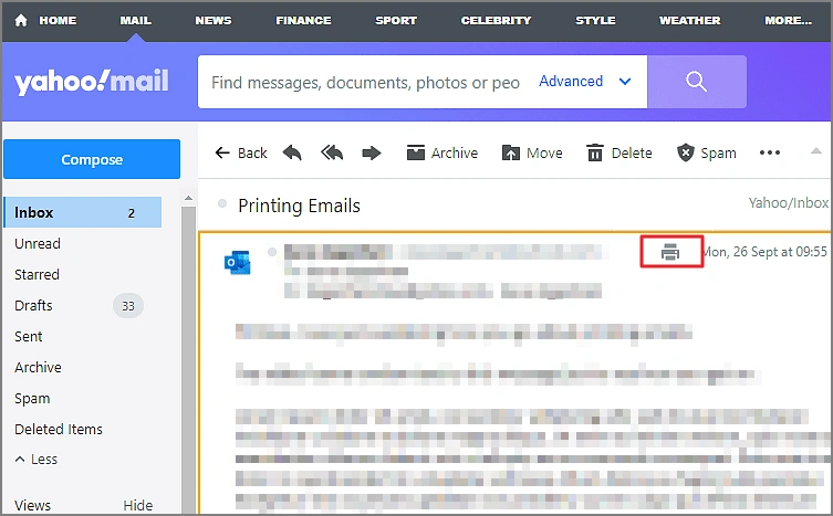 Yahoo mail print