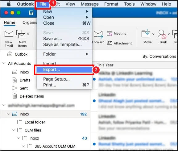 Open your Mac Outlook and click to Export option