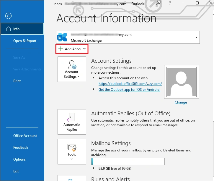 Click add account in MS Outlook
