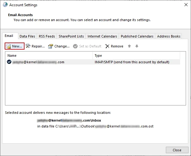 Click on New to recreate a new IMAP account