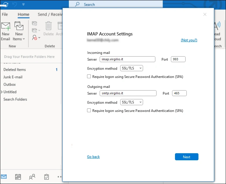 Enter IMAP details of virgilio