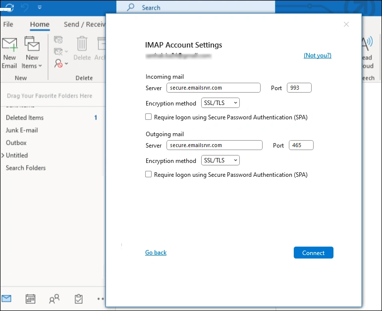 Enter the IMAP account details to connect