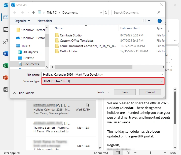 Click on the save as type HTML