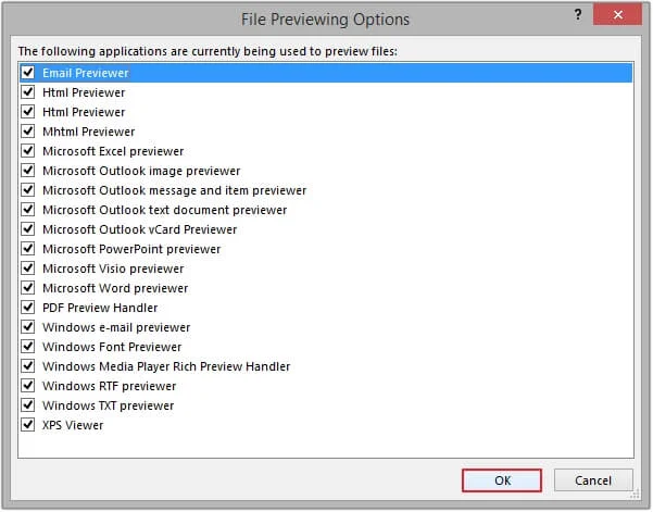 Select all the File Previewing Options