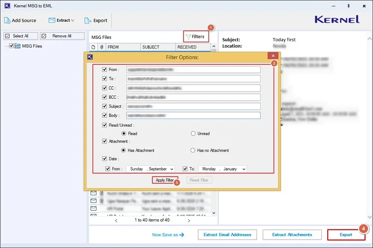 select filters export msg files