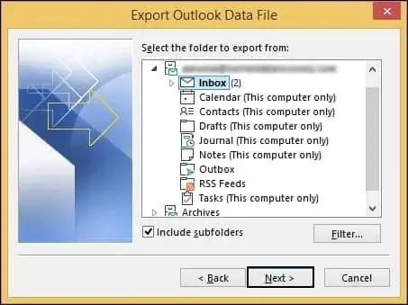 Select export Outlook data file