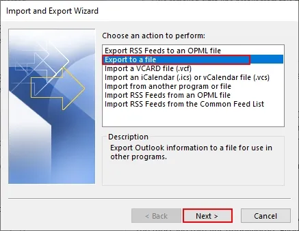 Select Export to a file and click Next