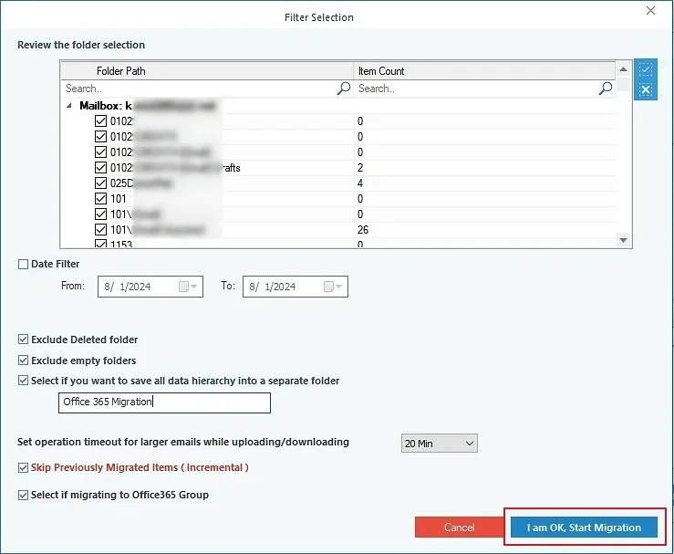 Filter selection to migrate Hostinger to office-365