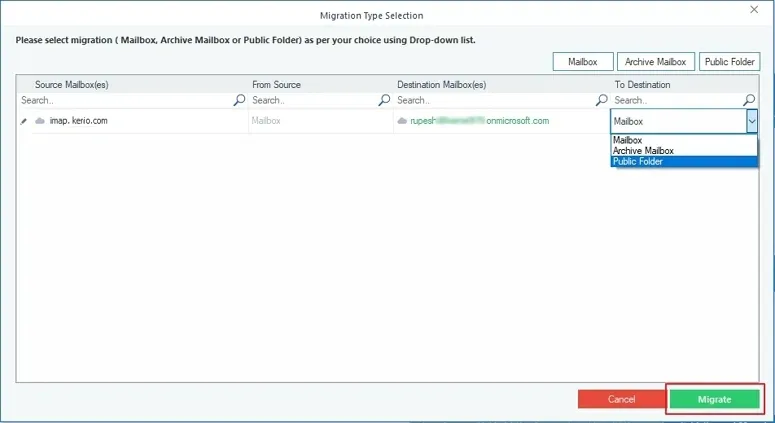 Select mailbox then click on migrate button