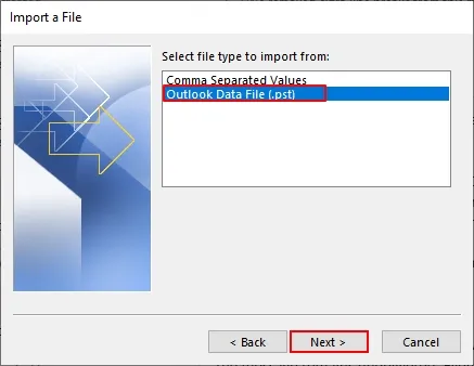 Select Outlook Data File (.pst) and click Next