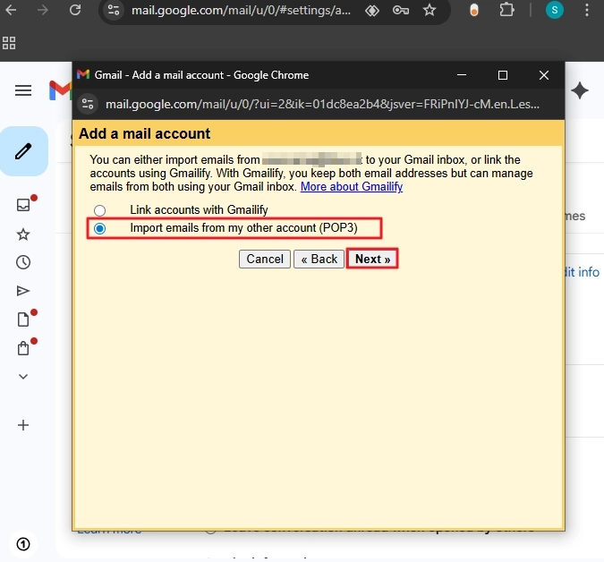 Choose Import emails from my other account 