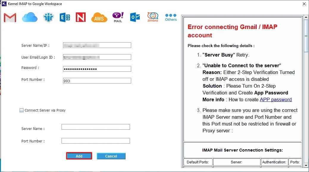 Enter the Titan Mail IMAP details