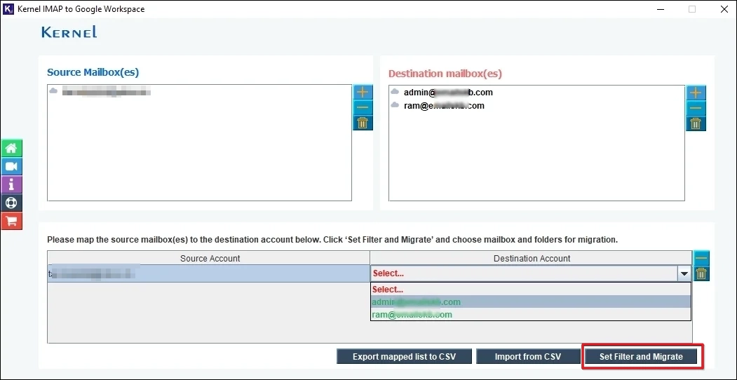 Map the source and destination mailboxes and click Set Filter and Migrate