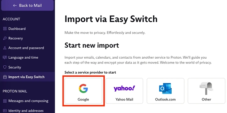 Select Google as your service provider to start