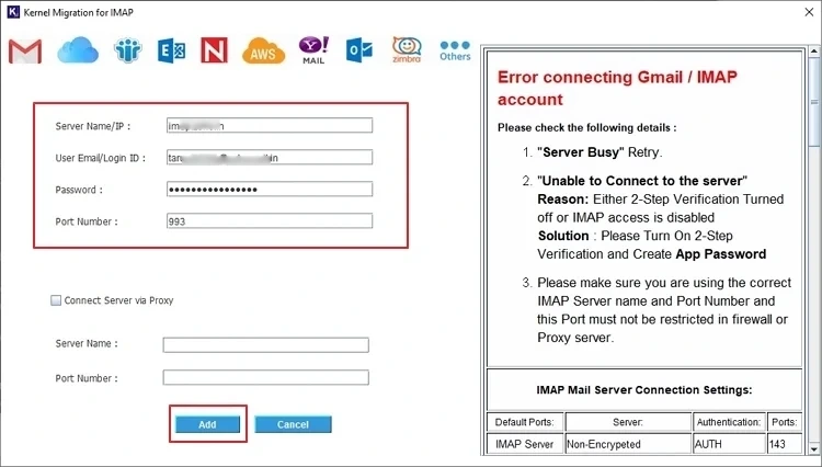 Provide the required credentials of the Gmail account to move mailbox data from