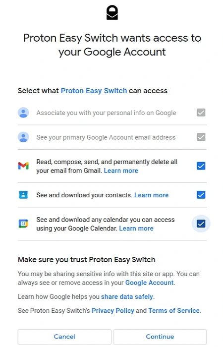 Choose the mailbox folders data to import into ProtonMail