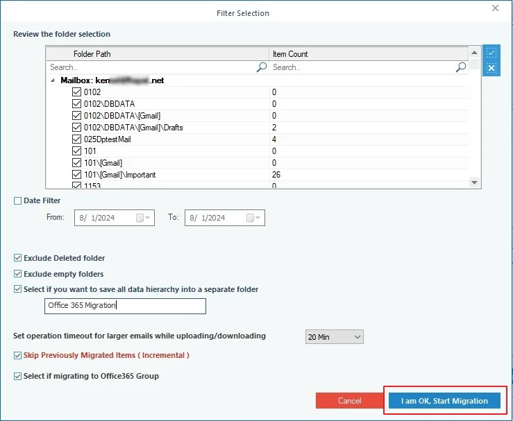 Apply filters and click I am ok, Start Migration