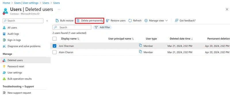 delete Office 365 user using Entra admin center
