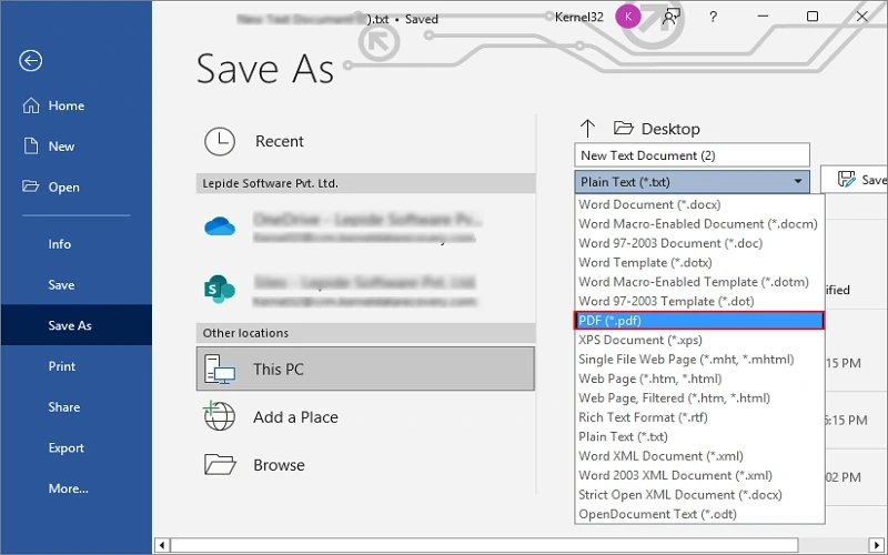 convert txt to pdf via word