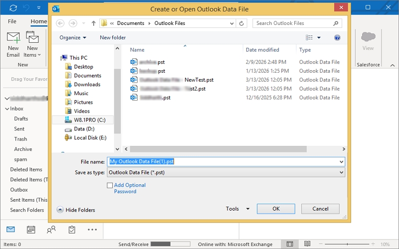 saving location of new pst