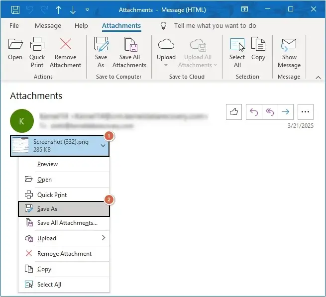 Open Outlook, then open the required email after select the Save As option