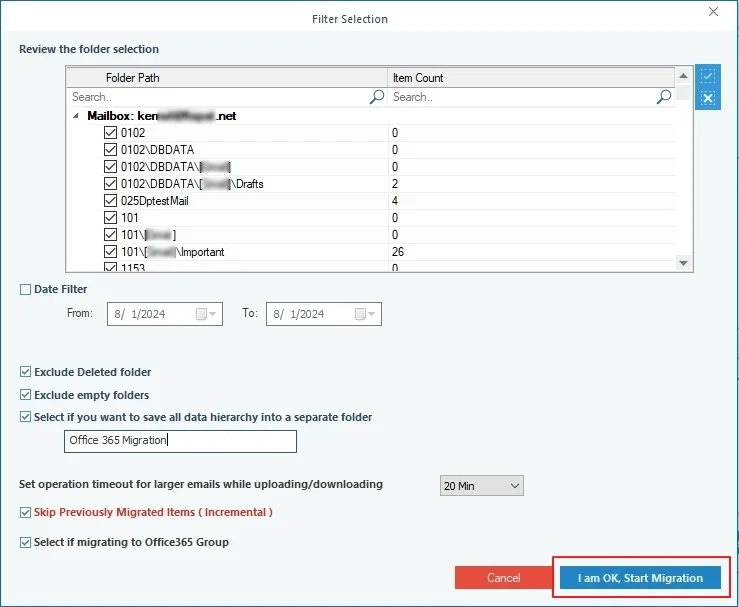 Apply filters and click I am OK, Start Migration