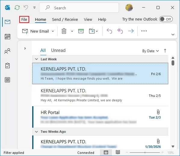Open Outlook and click on File