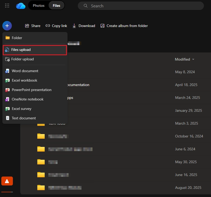  Select the Files upload option