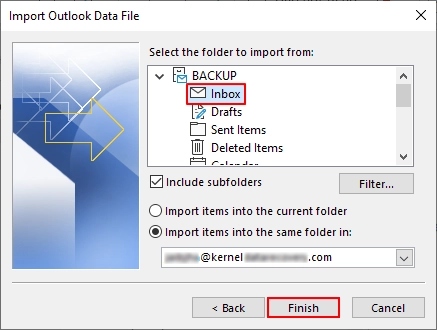 Select the mailbox or folder and Office 365 account 