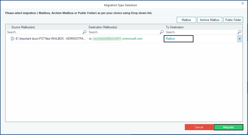 Select your mailbox type and click Migrate