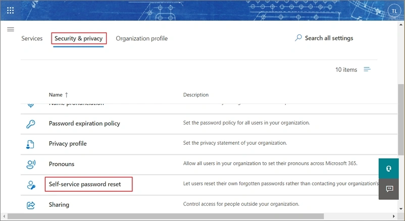 select Self-Service Password Reset