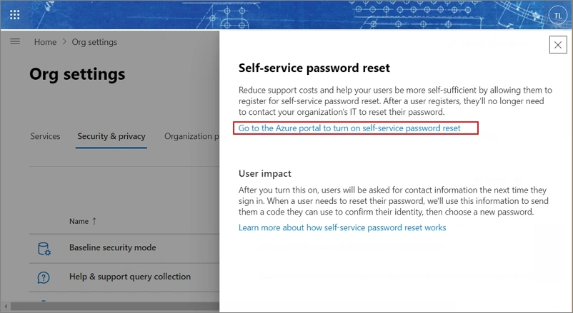 Click on Go to the Azure portal to turn on self-service password reset
