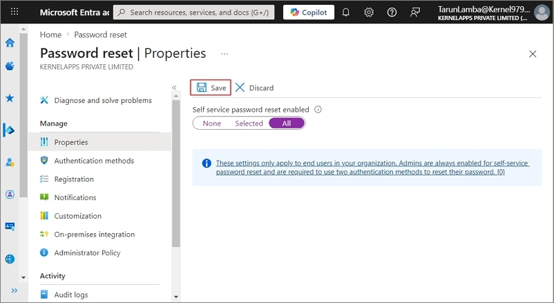 choose all or select on the password reset page
