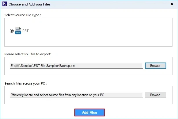 Select PST files and click Open and then Add Files