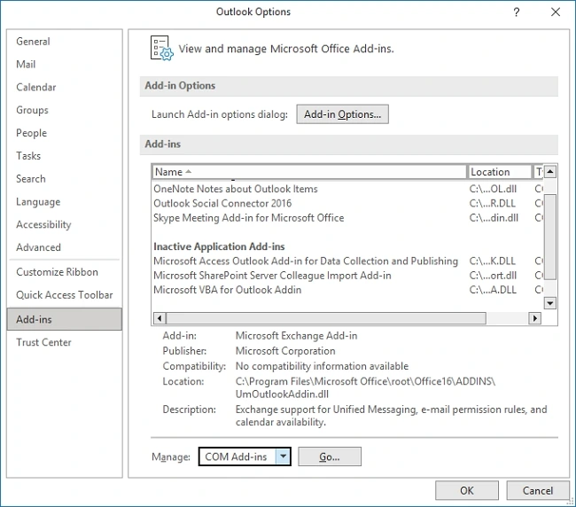 Click Go under Manage then COM add ins