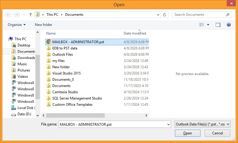 Provide the path to the source PST file and select PST