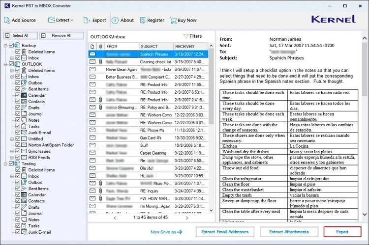 select any specific email or the entire folder and click Export