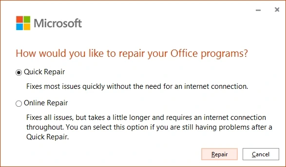 Select if you want to perform Quick Repair or Online Repair