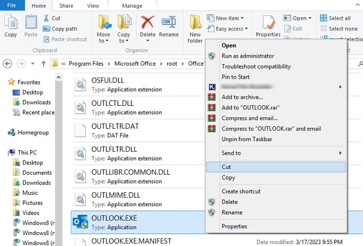 Open file explorer and go to the Outlook exe location