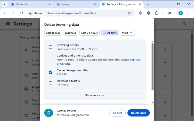 Delete Cache and Cookies in Chrome browser