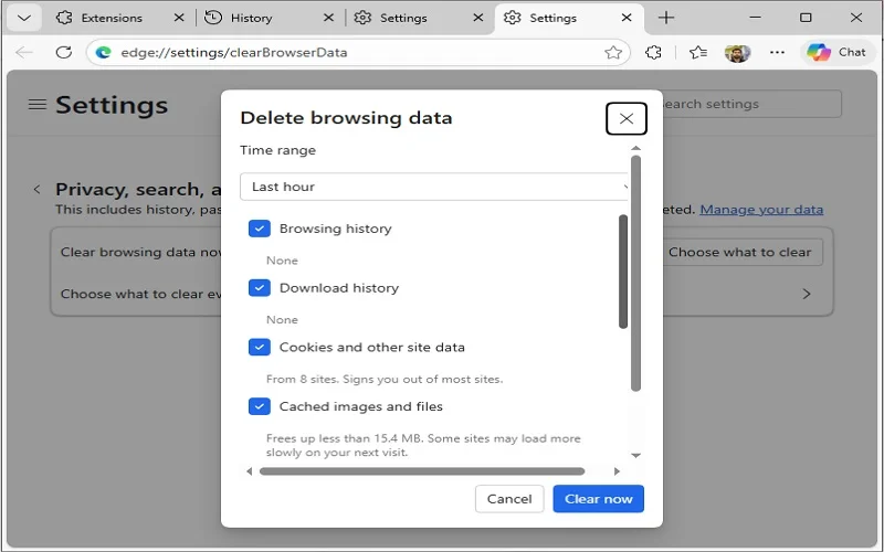 Delete Cache and Cookies in Edge browser
