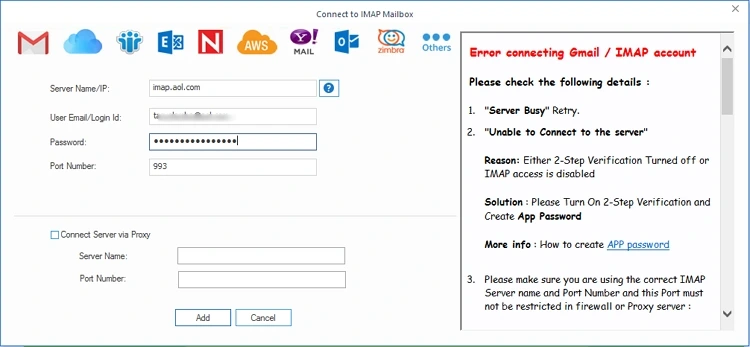 Enter details to connect AOL account