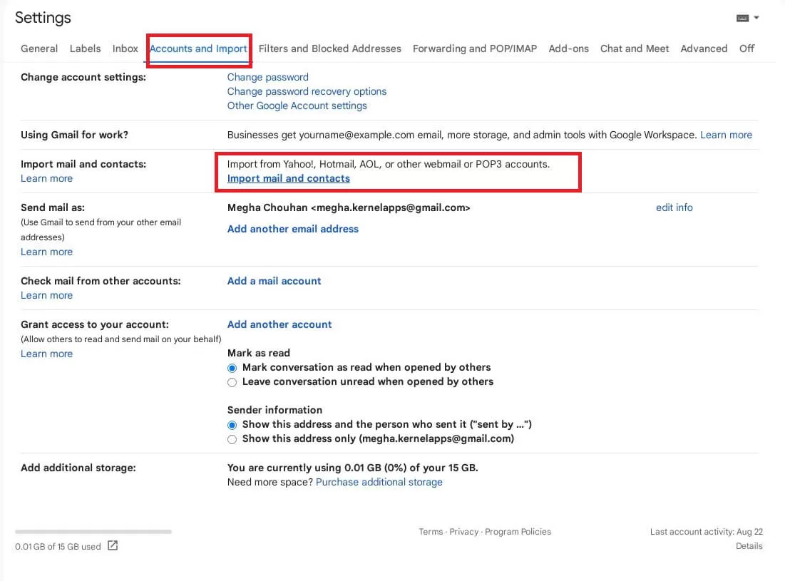 Click on Import mail and contacts