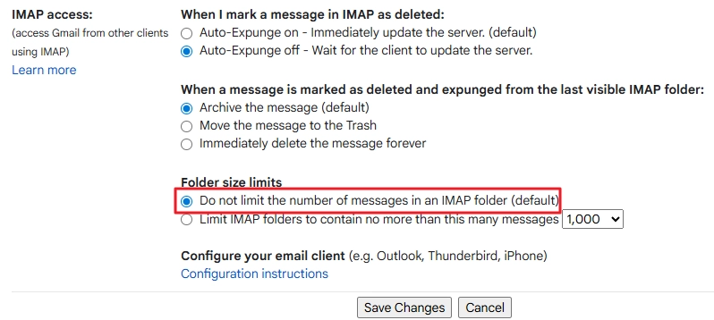 Remove folder size limit