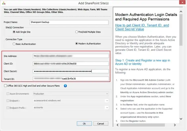 Enter the Project name and required credentials