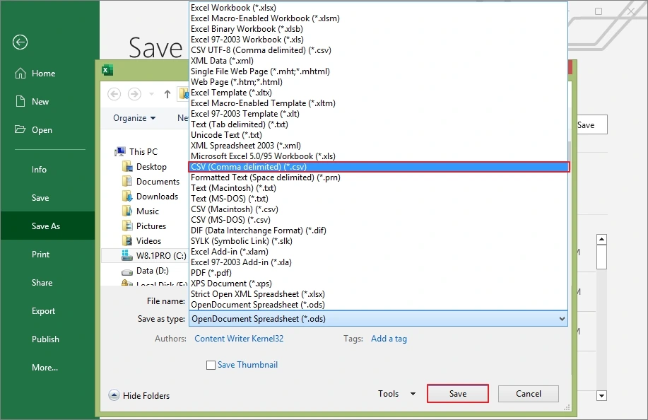 choose csv in excel