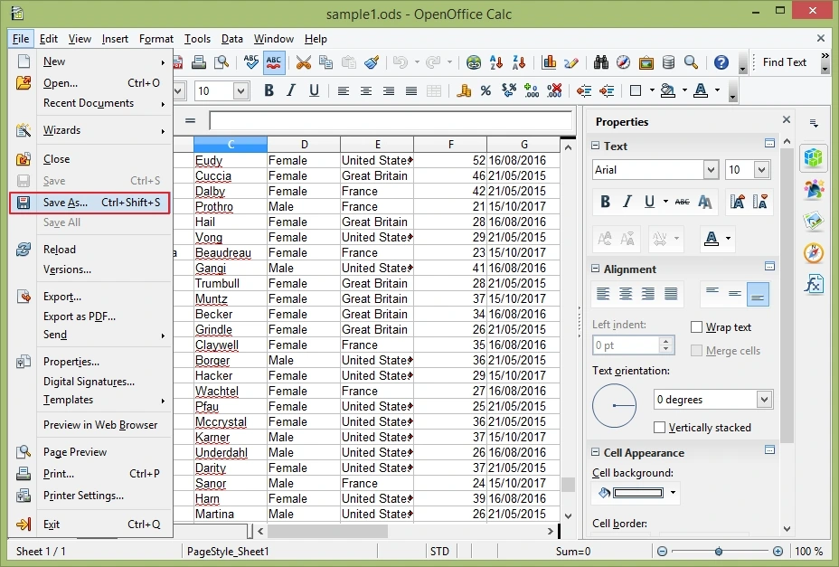 save as in openoffice calc
