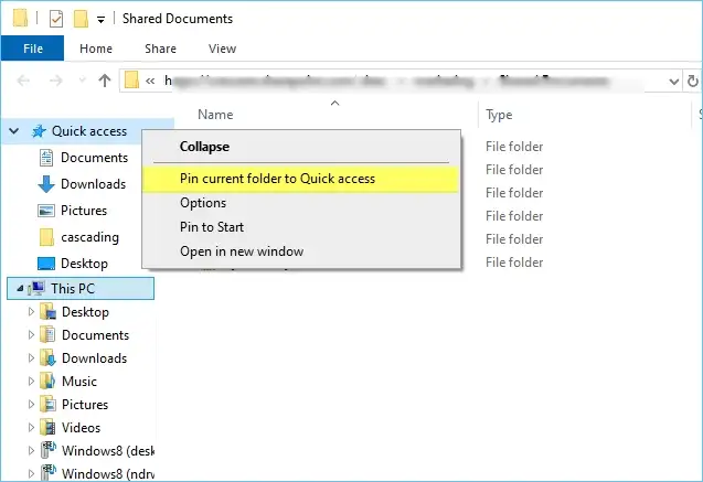 Select Pin current folder to Quick Access.